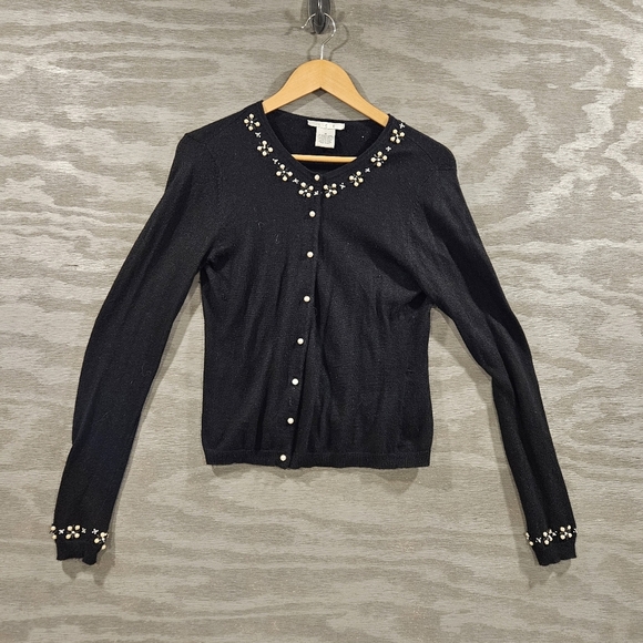 ICE SZ M Vintage Y2K Black Ramie Angora Blend Long Sleeve Pearl Detail Cardigan - Picture 1 of 11